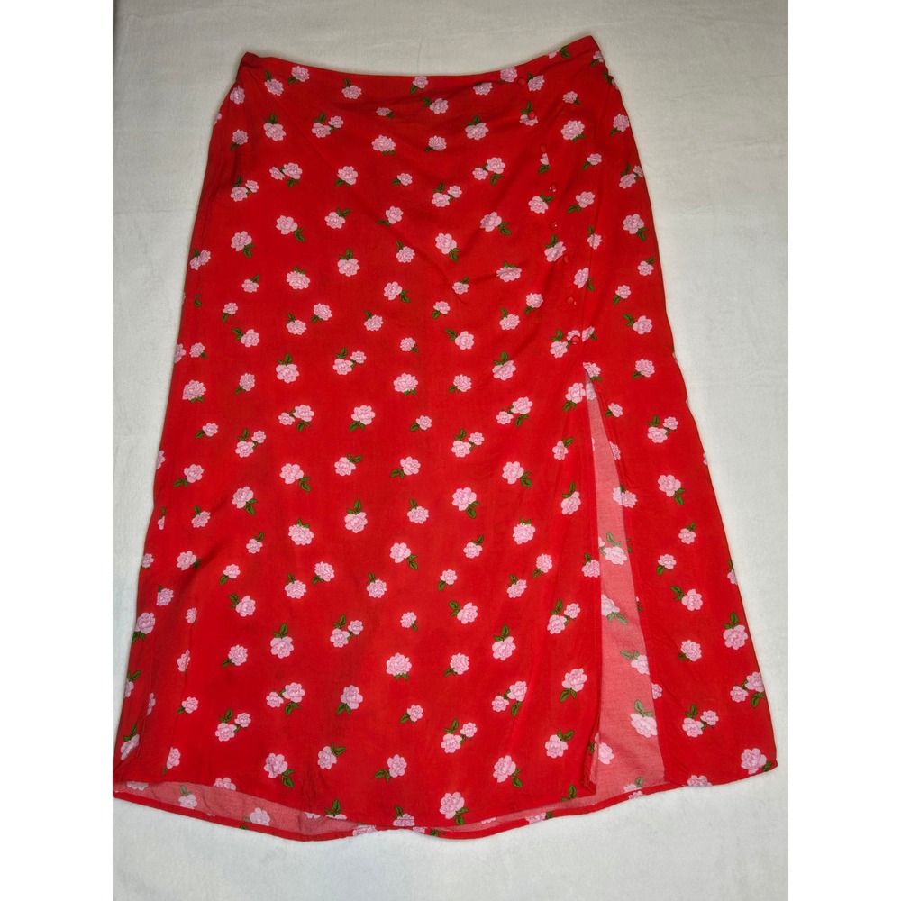 Miss Selfridge Red Floral Rose Button Side Slit Midi Skirt US 12 Viscose - Picture 2 of 9
